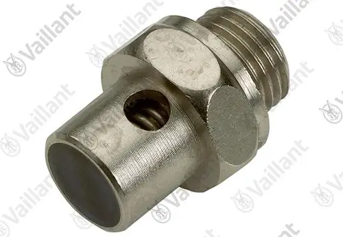 Metallventil von Vaillant mit einer Außengewindeanschlussöffnung und einer Filtration für Flüssigkeiten oder Gase, sichtbar mit Durchlassöffnung.